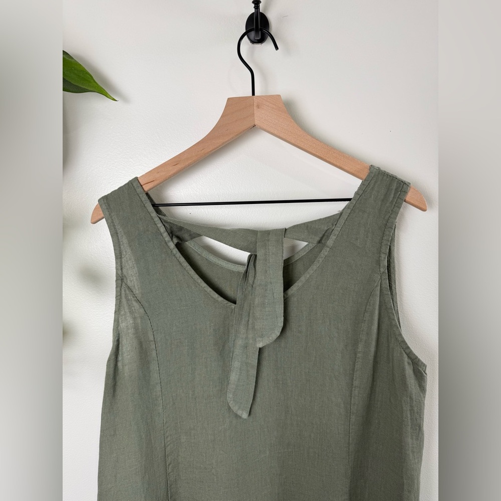 Terzo Millennio Linen Dress XL Green Made in Italy Sleeveless Tie Back Ruffle - Picture 8 of 9